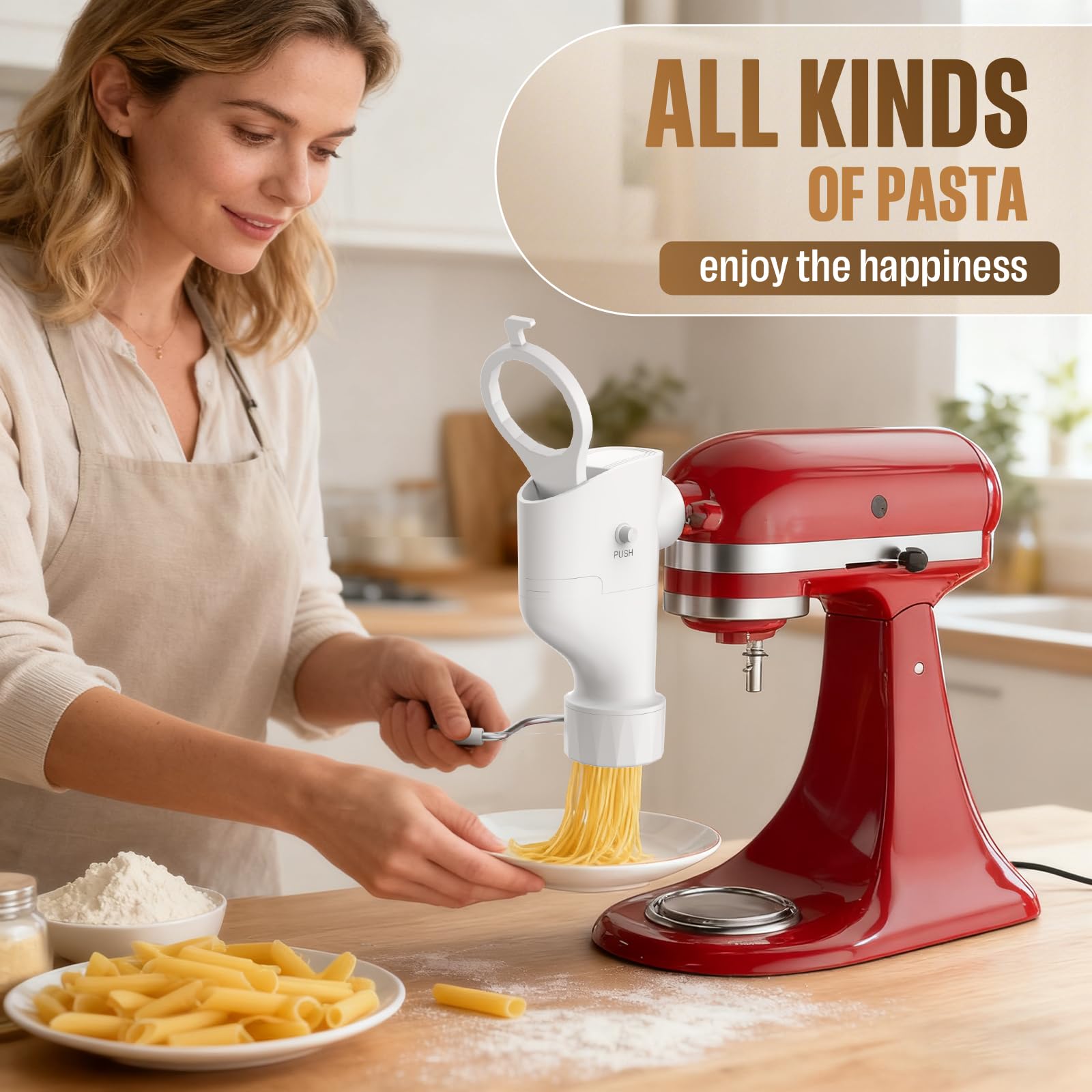 Fedowal extruding spaghetti from press demonstrating quick fresh-pasta production benefit
