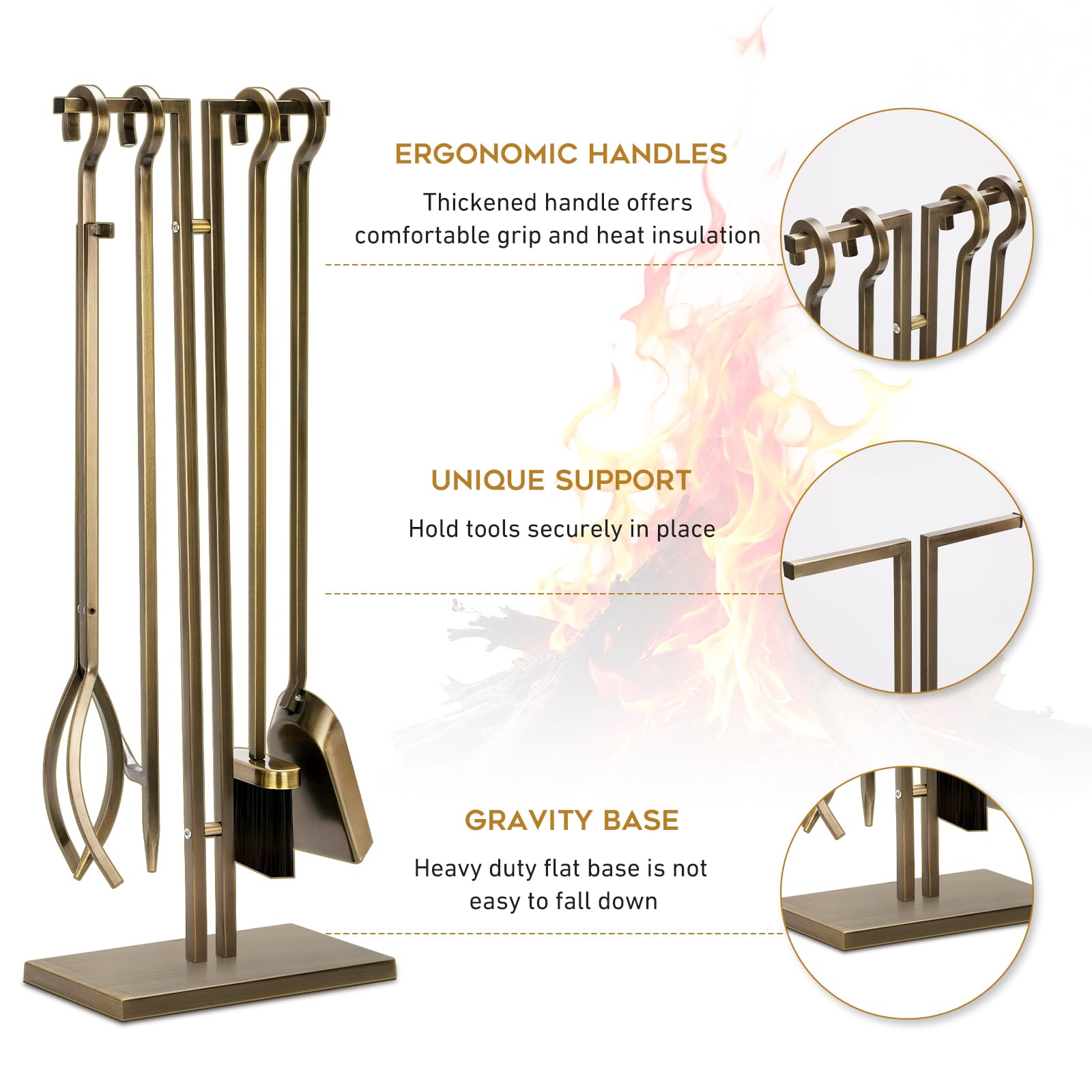 FEED GARDEN tongs, shovel, and brush arranged to show complete five-piece set benefits