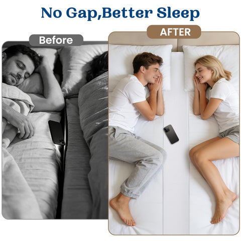 FeelAtHome bridge inserted into twin mattress gap creating seamless surface