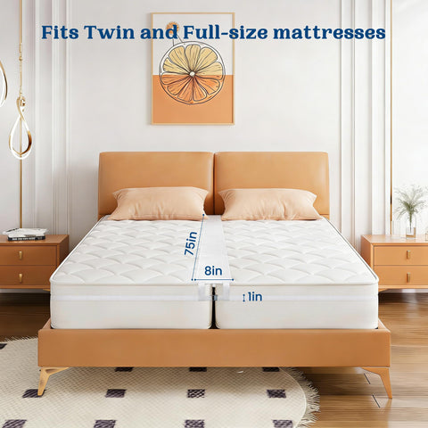 FeelAtHome size comparison showing 8-inch bridge scale against mattress