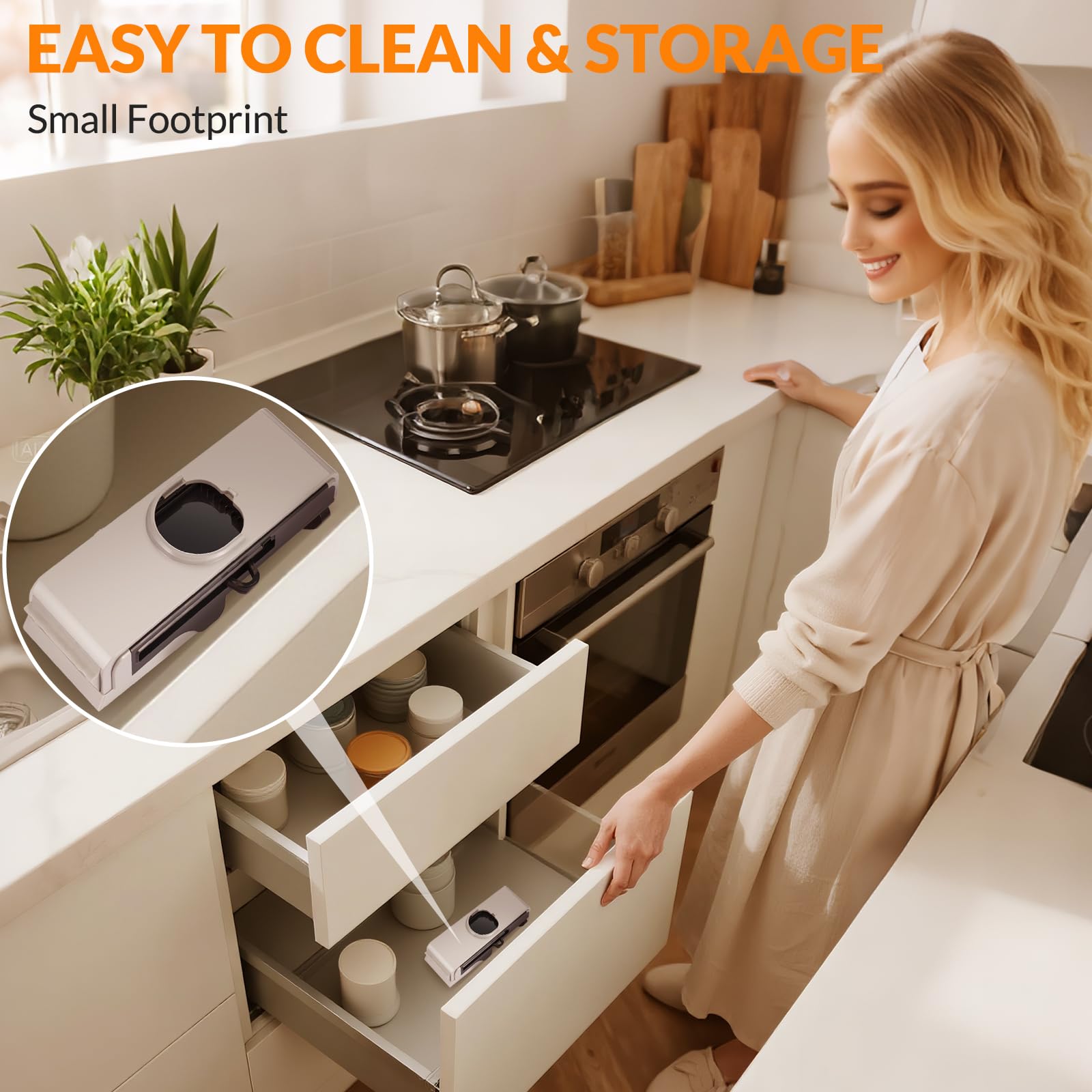 FEICO collection container attached to catch slices for mess-free prep