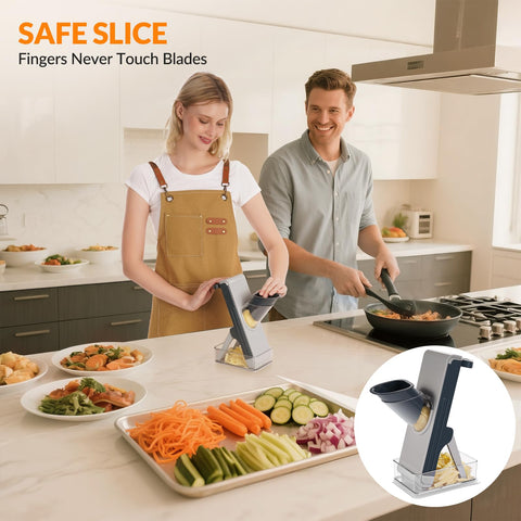 FEICO pusher and enclosed feed tube detail showing safe hands-free slicing