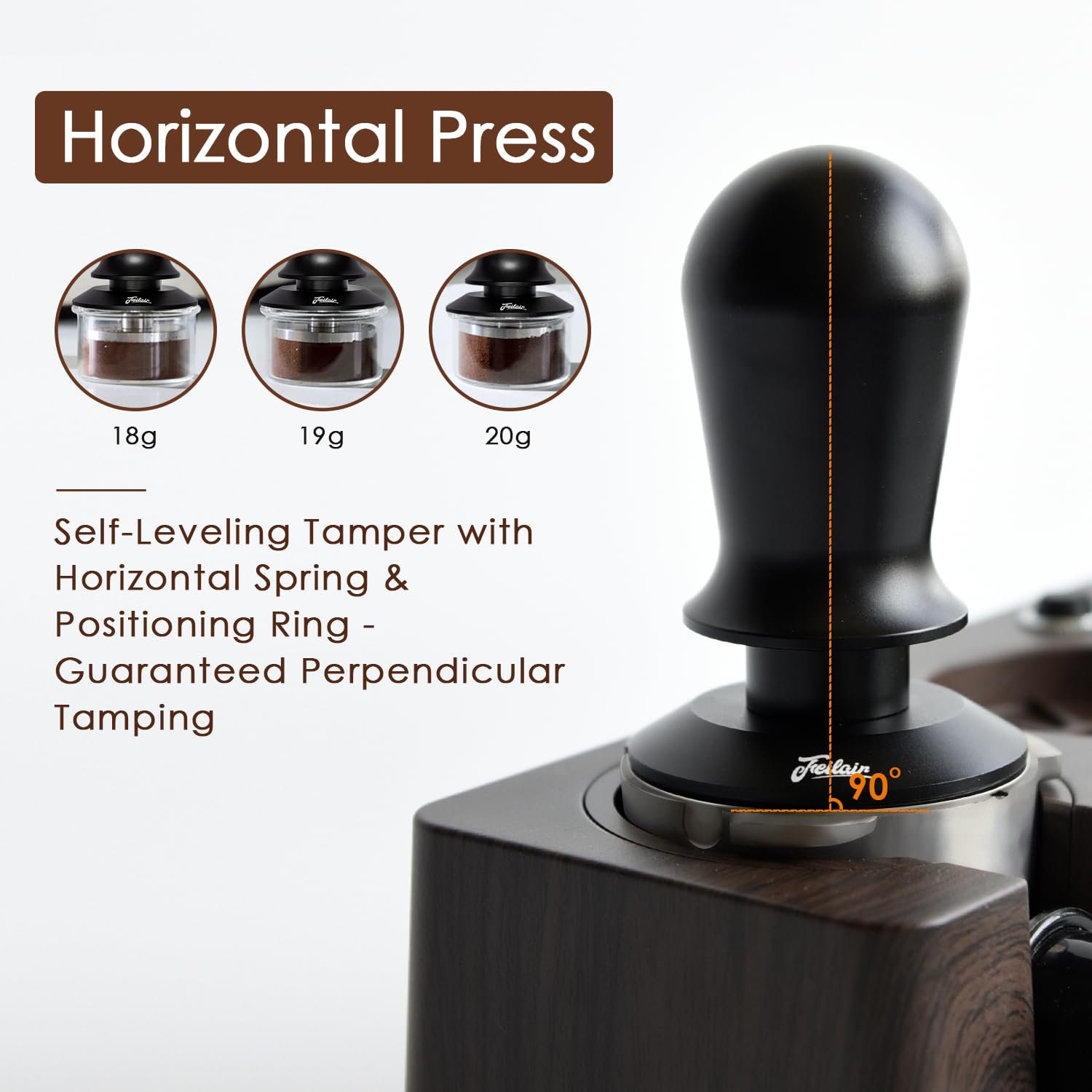 FEILAIR tamper mid-press showing audible click action for precise tamp confirmation