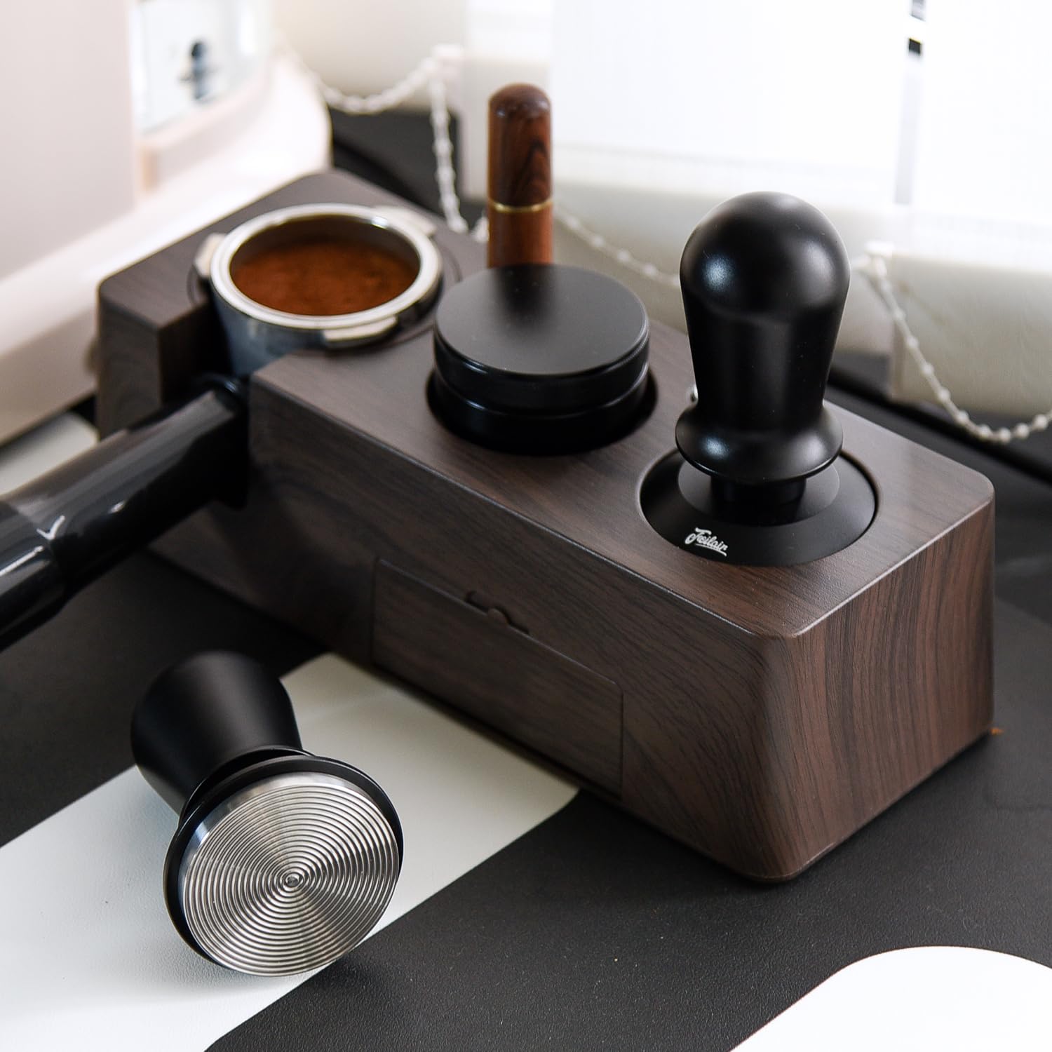 FEILAIR tamper on kitchen counter near espresso machine showing quick daily workflow benefit