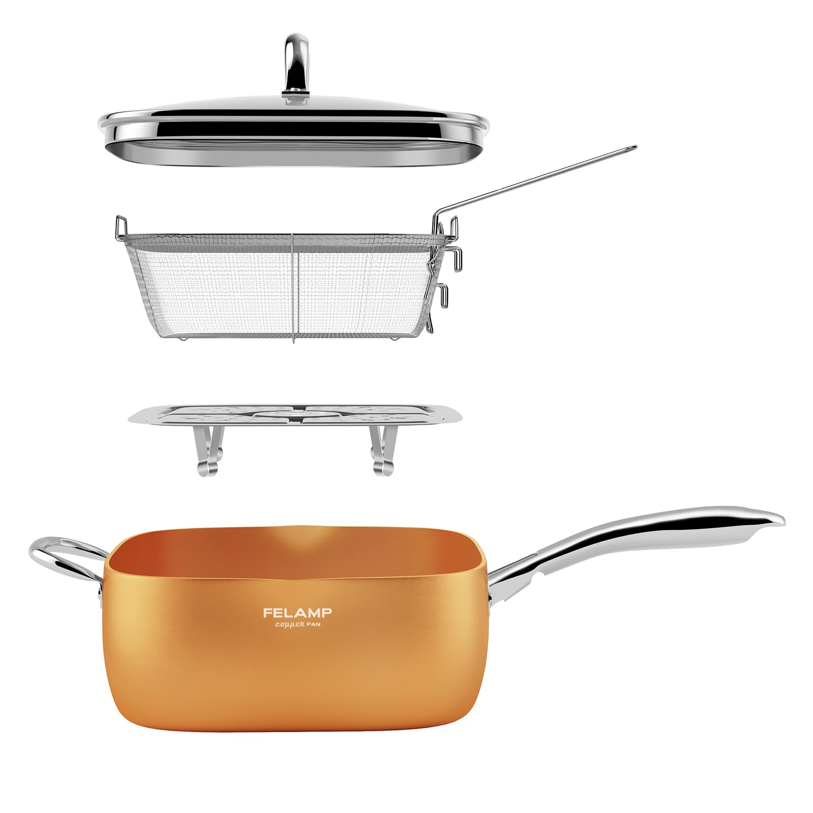 FeLamp front view showing pan with glass lid and benefits for multi-use cooking