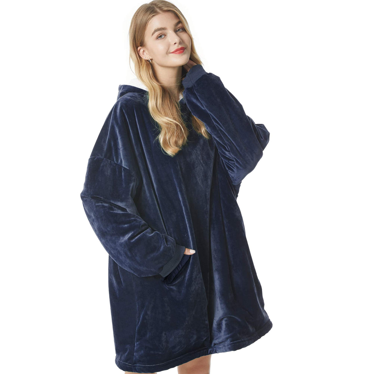 Felicigeely front view blue hoodie blanket showing roomy fit and cozy hood benefit warmth