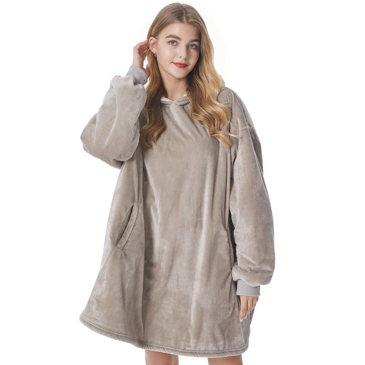 Felicigeely front view showing oversized fit and cozy coverage