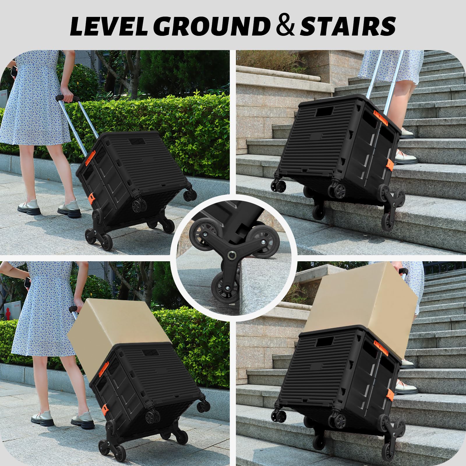FELICON close-up of stair-climber wheels showing smooth step performance