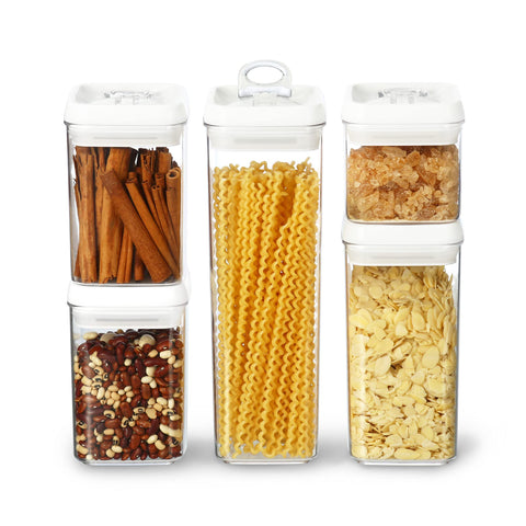 Felli five-piece canister set front view showing clear acrylic and uniform lids keeps pantry organized