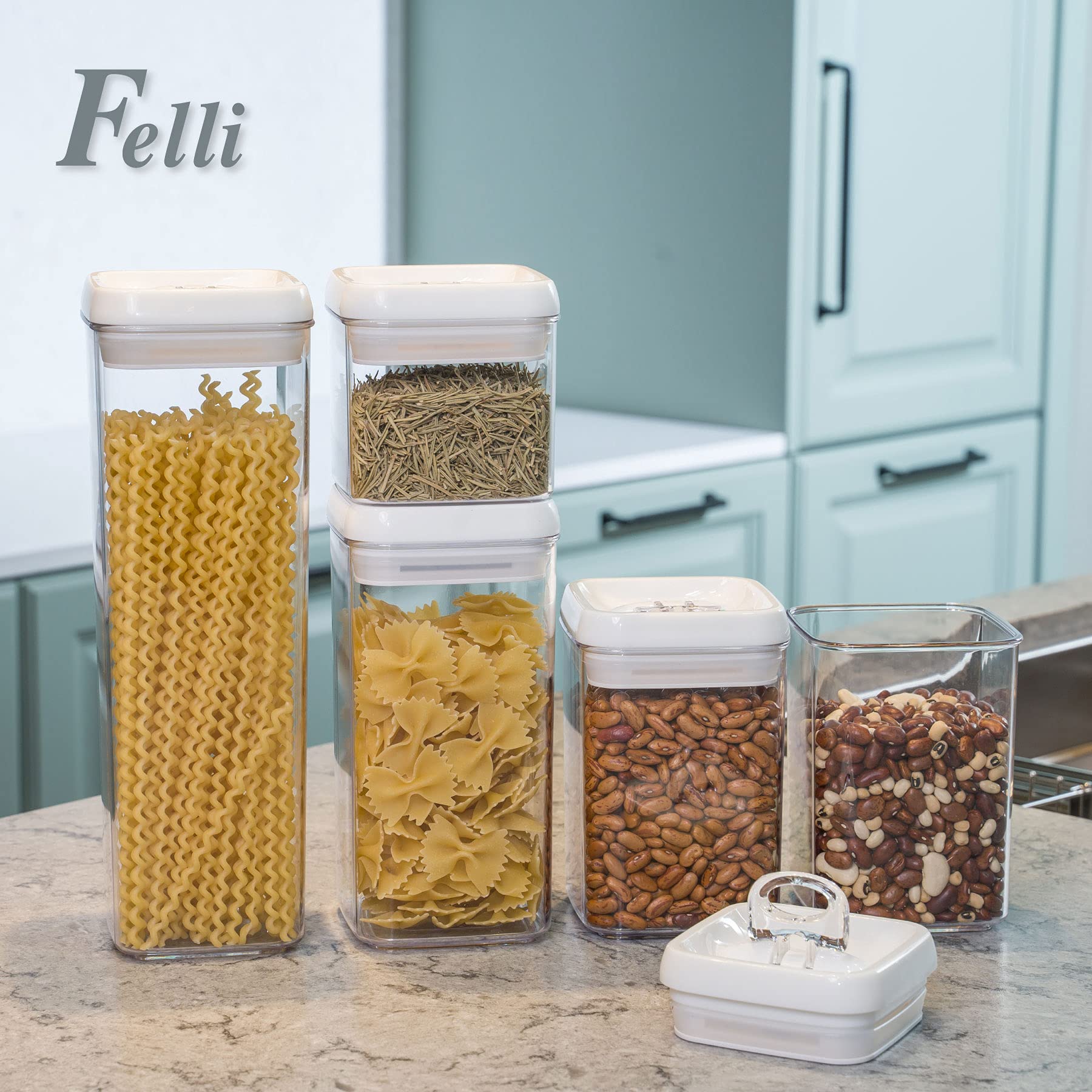 Felli recessed tops stacked to show secure stacking and tidy countertop organization