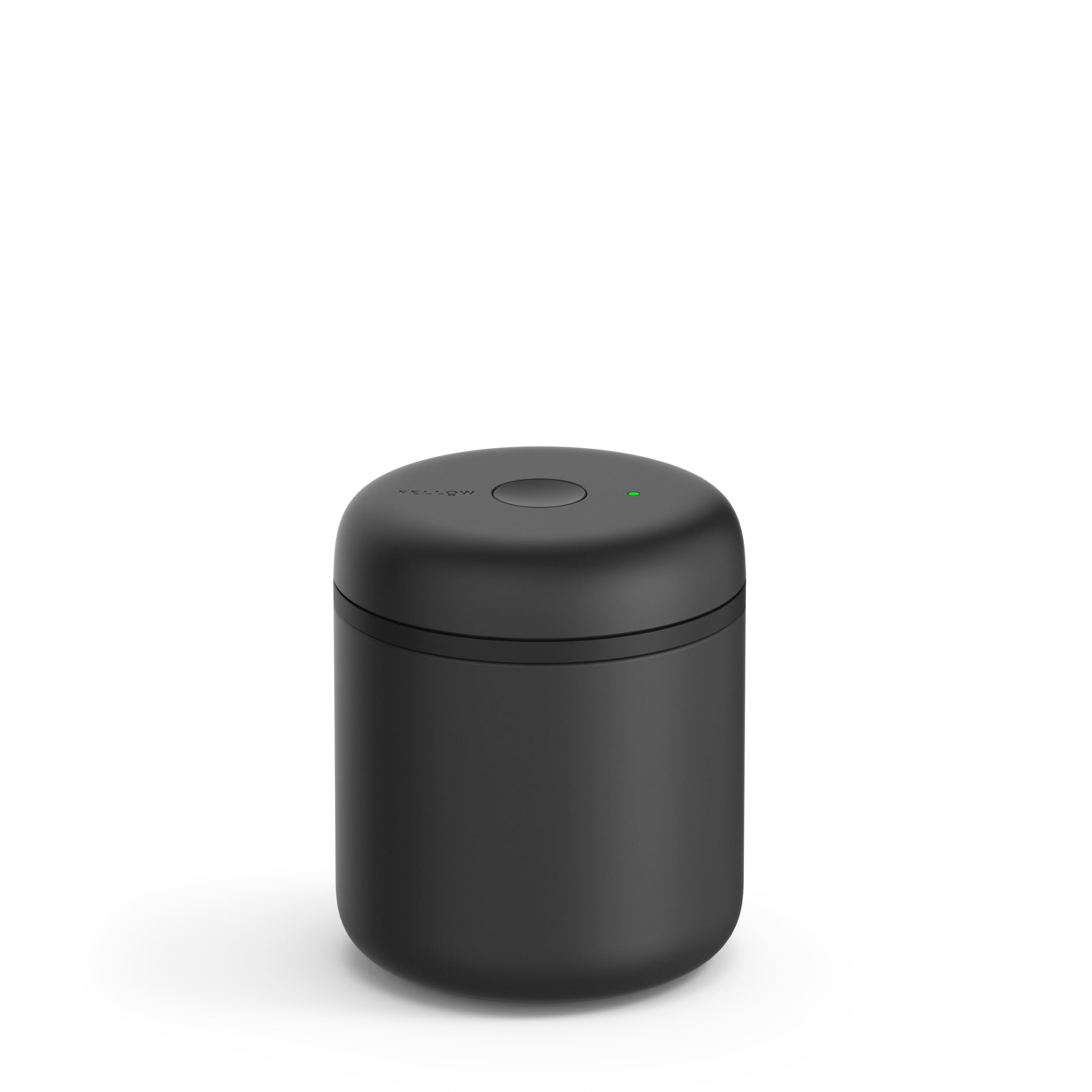 Fellow Atmos front view showing sleek stainless-steel jar and lid, keeps coffee fresh