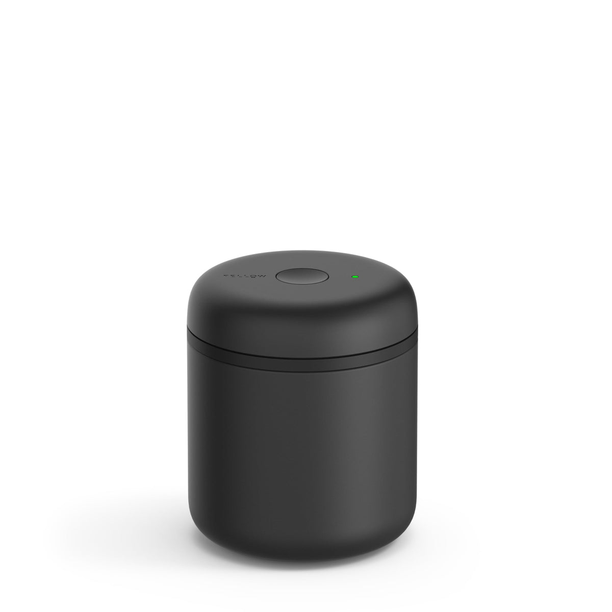 Fellow Atmos front view showing sleek stainless-steel jar and lid, keeps coffee fresh