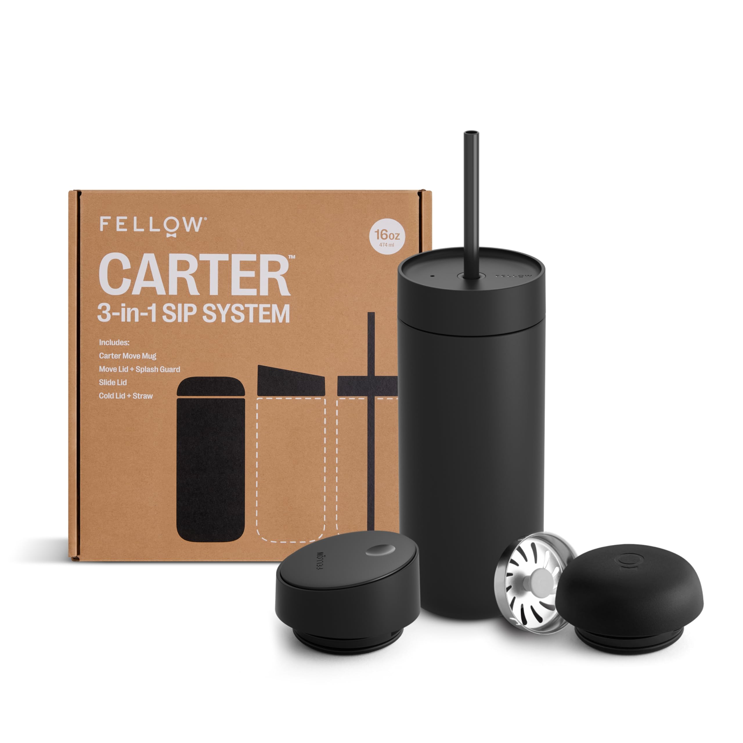 Fellow Carter front view showing 16 oz mug and sleek finish, easy grip benefit