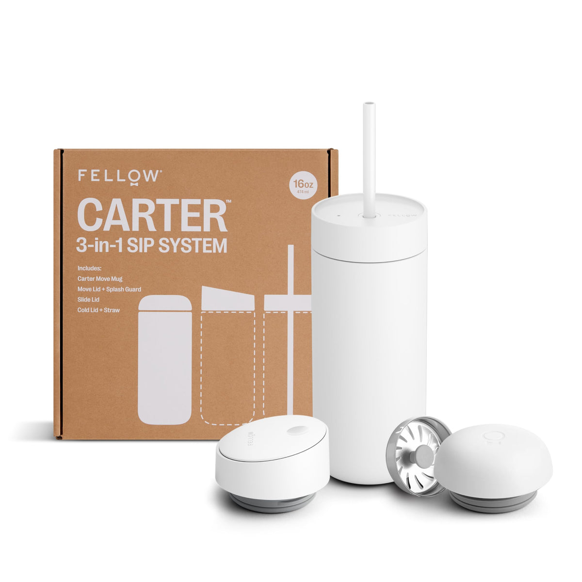 Fellow Carter front view showing sleek exterior and 16 oz capacity benefit