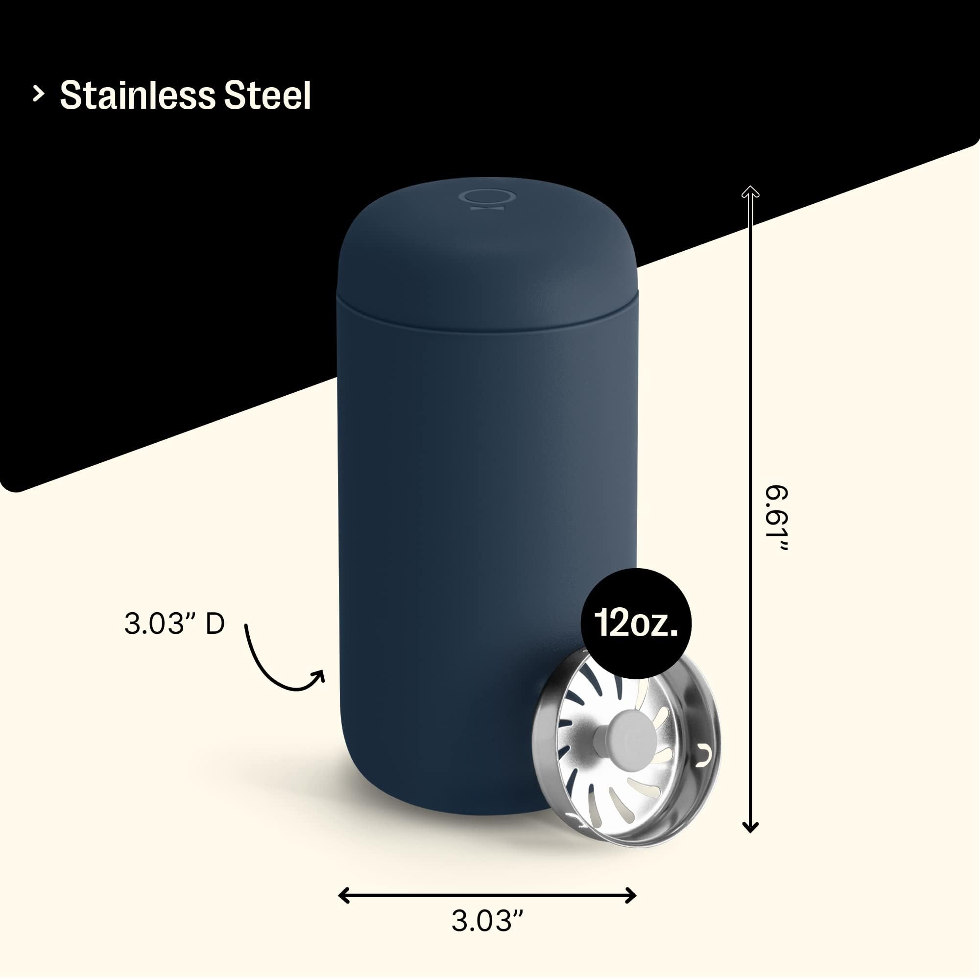 Fellow Carter Move held in hand for scale showing portable size and comfortable tapered lip