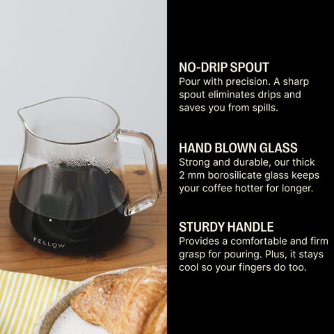 Fellow close-up of spout and handle highlighting steady grip and no-drip pour