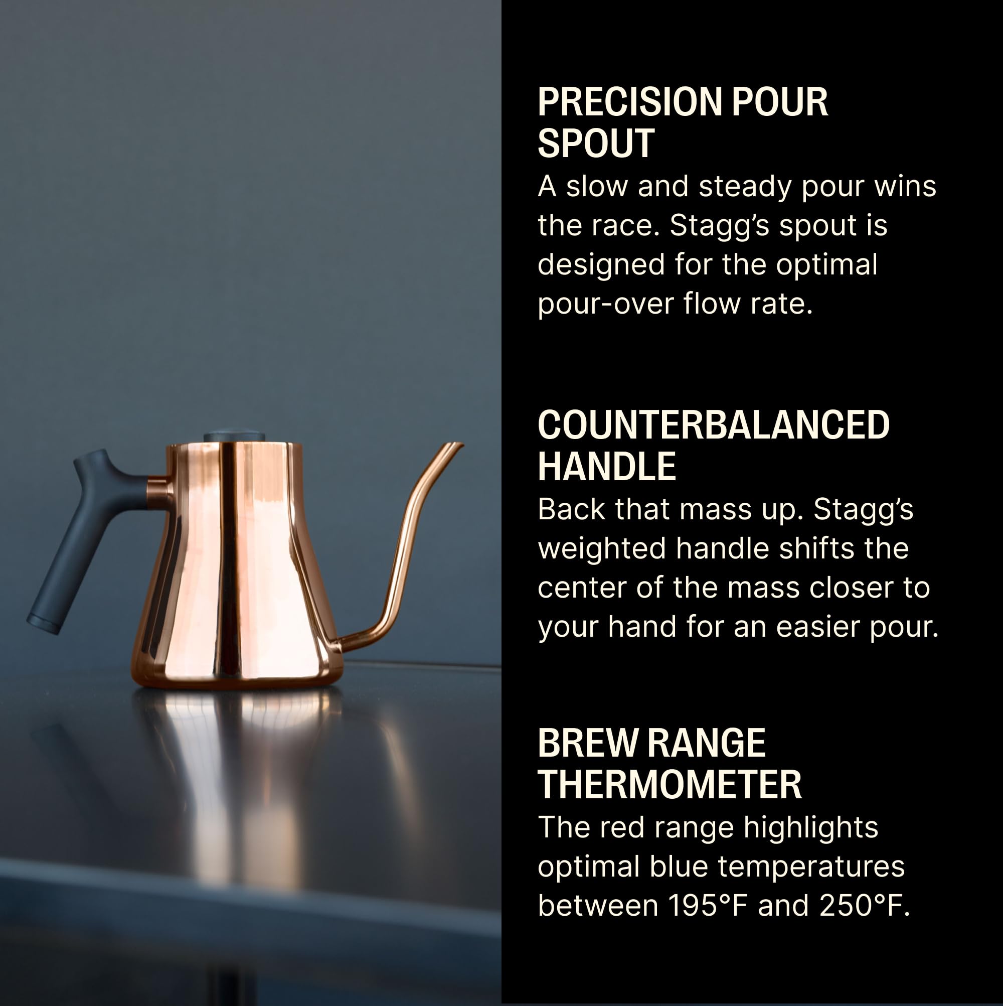 Fellow Stagg fluted precision spout closeup for steady, controlled pouring