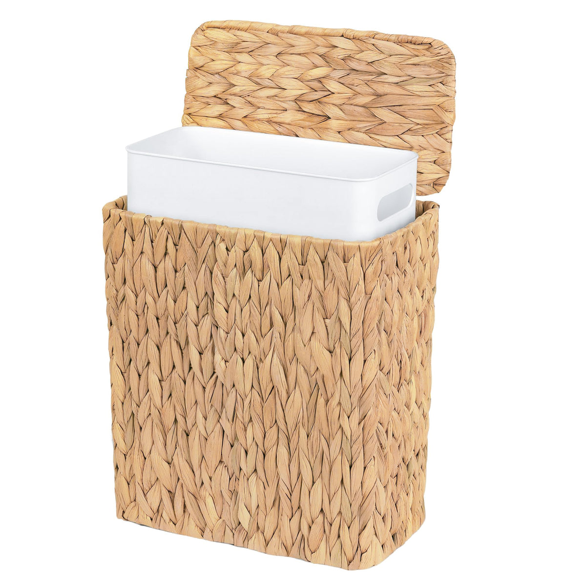 Felthrith front view of wicker trash can showing compact tidy design