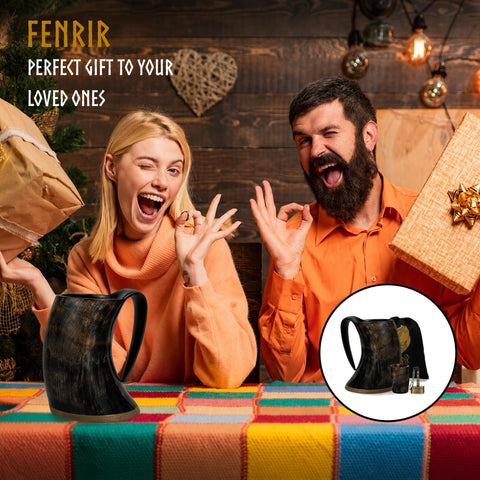 FENRIR horn mug displayed on shelf as decorative Norse-themed barware