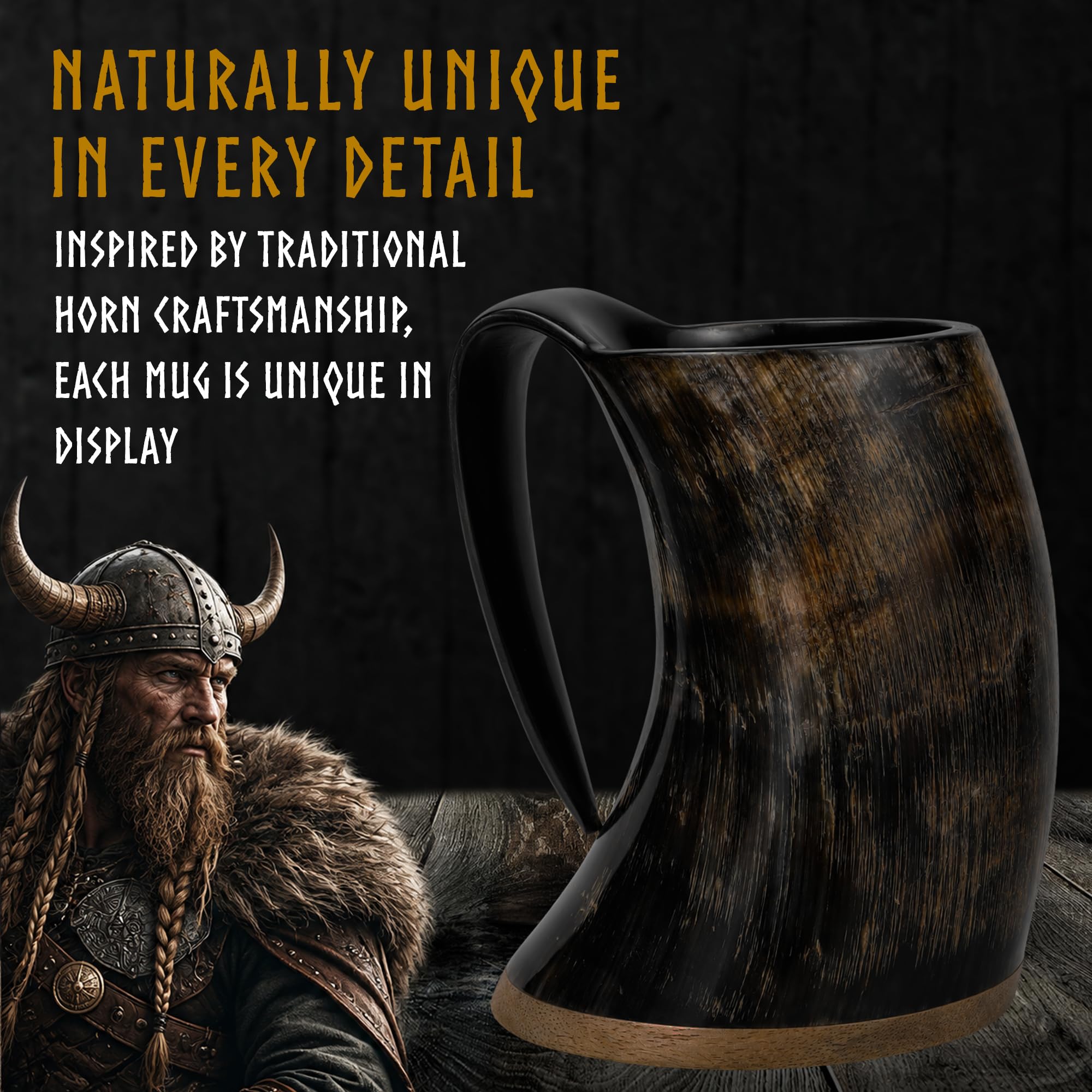 FENRIR horn mug close-up showing polished exterior and natural horn texture
