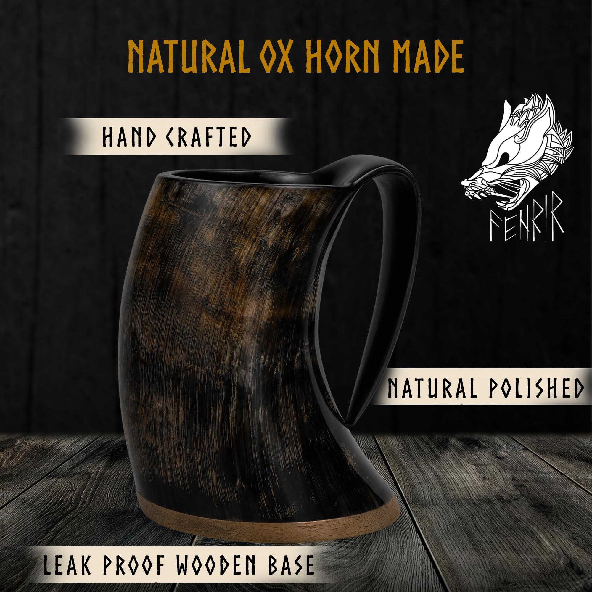 FENRIR horn mug held in hand showing 16 oz scale and comfortable grip
