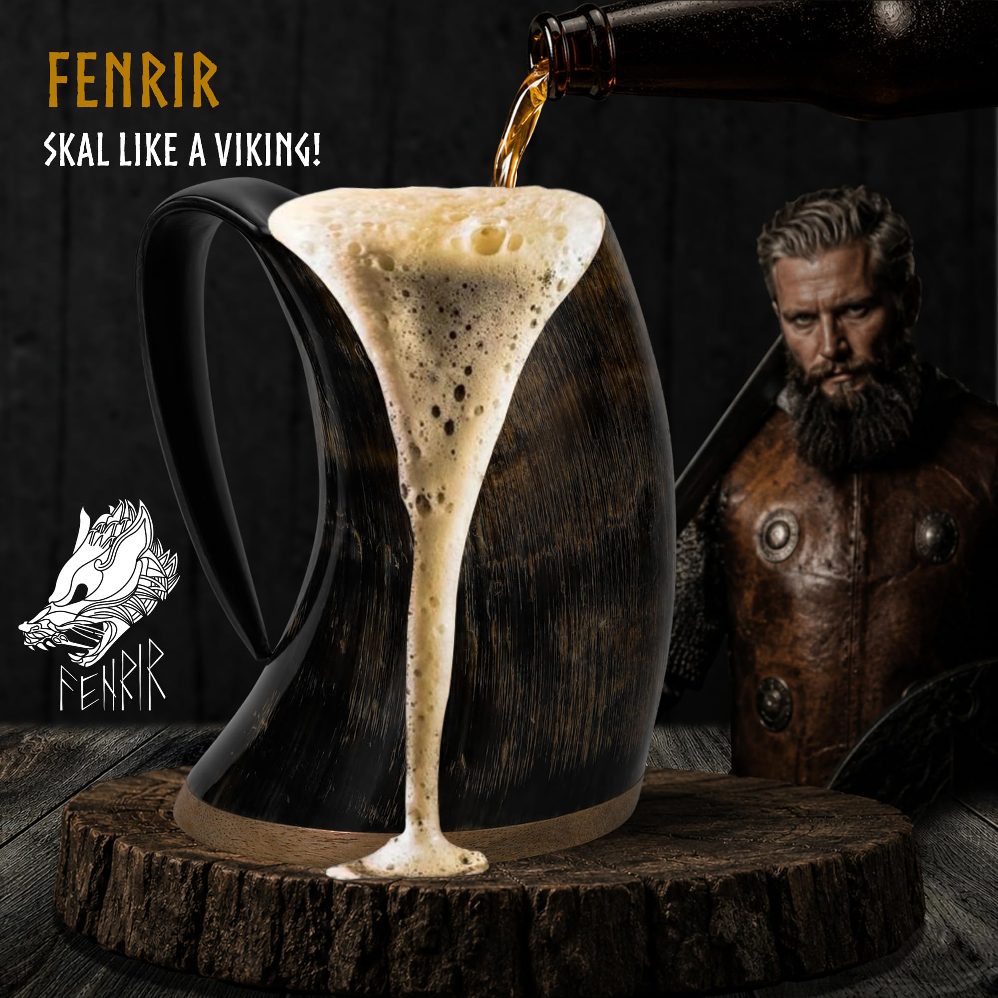 FENRIR horn mug poured beer in rustic setting showing festive drinking use