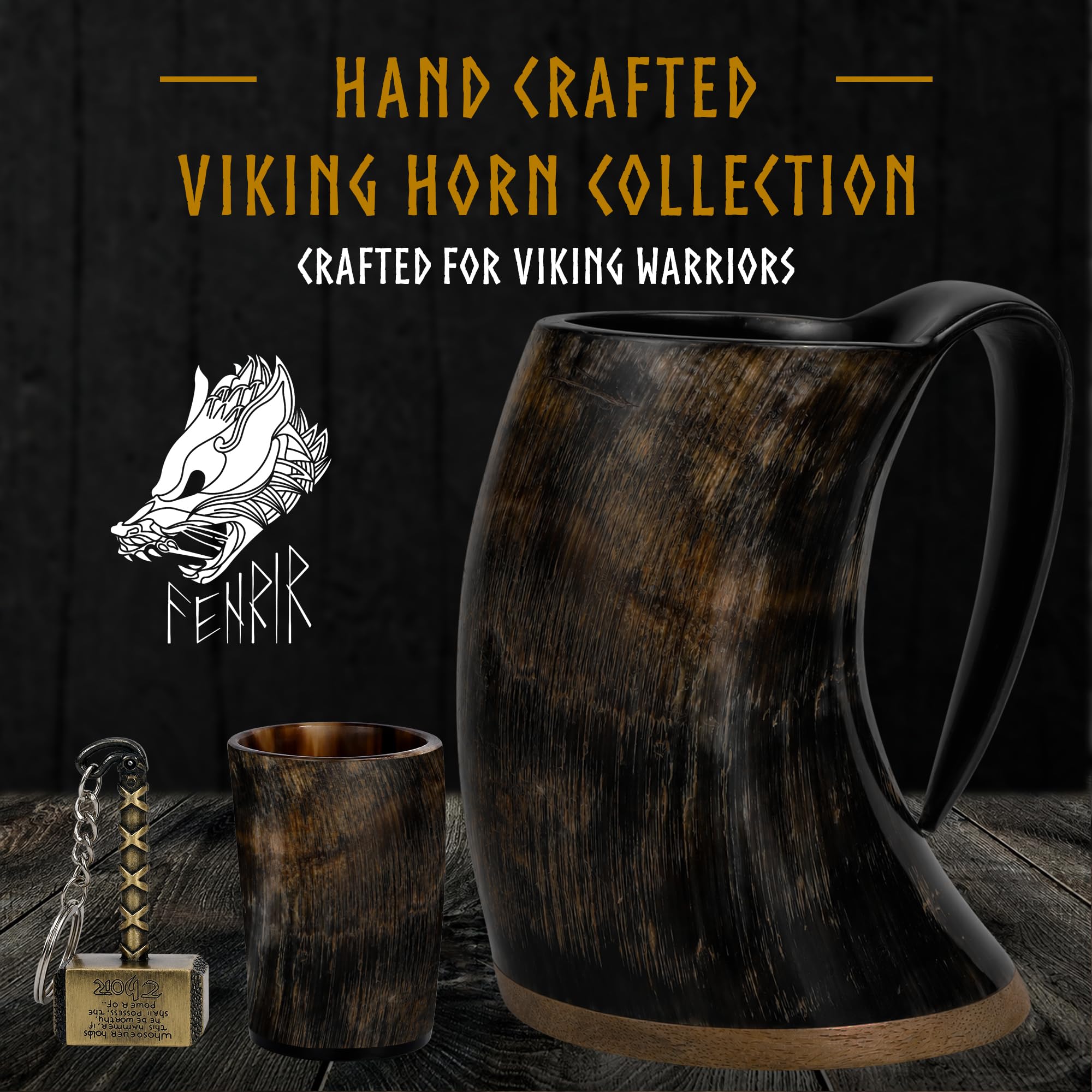 FENRIR matching ox horn shot glass and mug laid out showing complete gift set