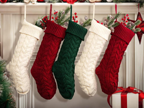 Fesciory stockings hanging on mantel showing easy display and warmth