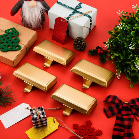 Festanlee holders on mantel with stockings showing secure display for holiday decor benefit
