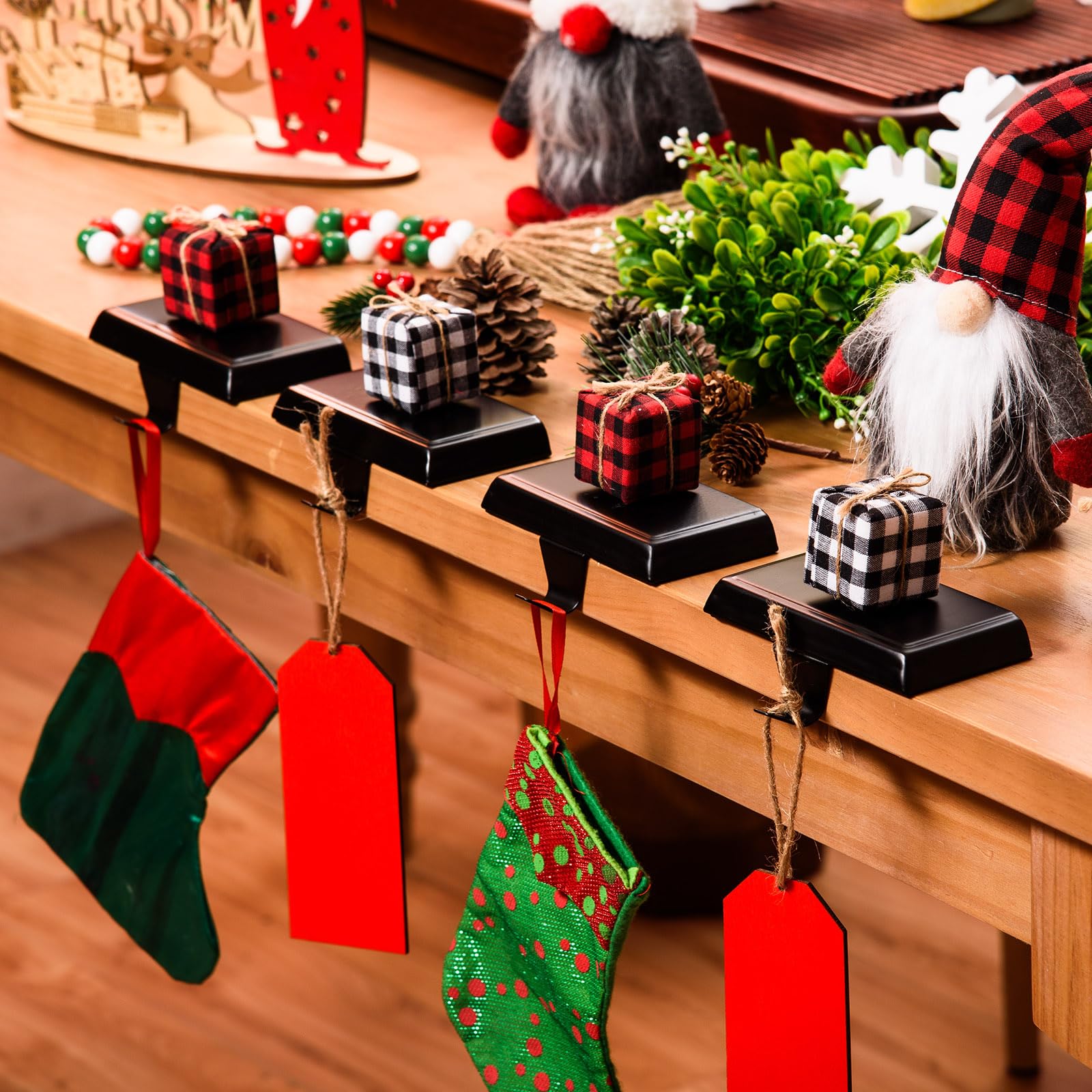 Festanlee holders styled in a living room with stockings creating festive atmosphere