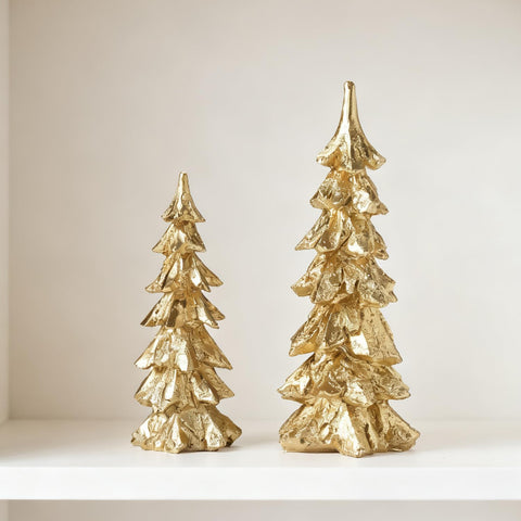 FESTGLOX front view of two gold resin trees showing elegant holiday styling benefit