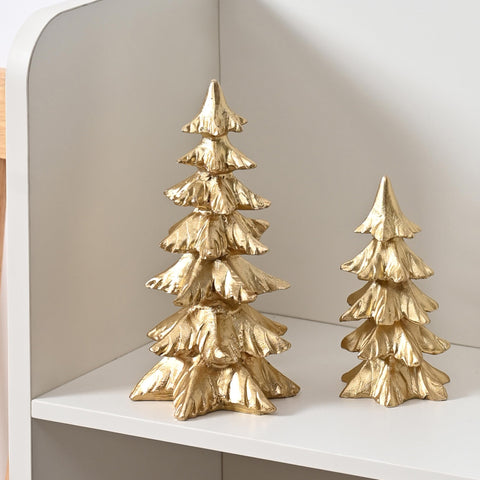 FESTGLOX front view of gold resin trees shows elegant holiday accent