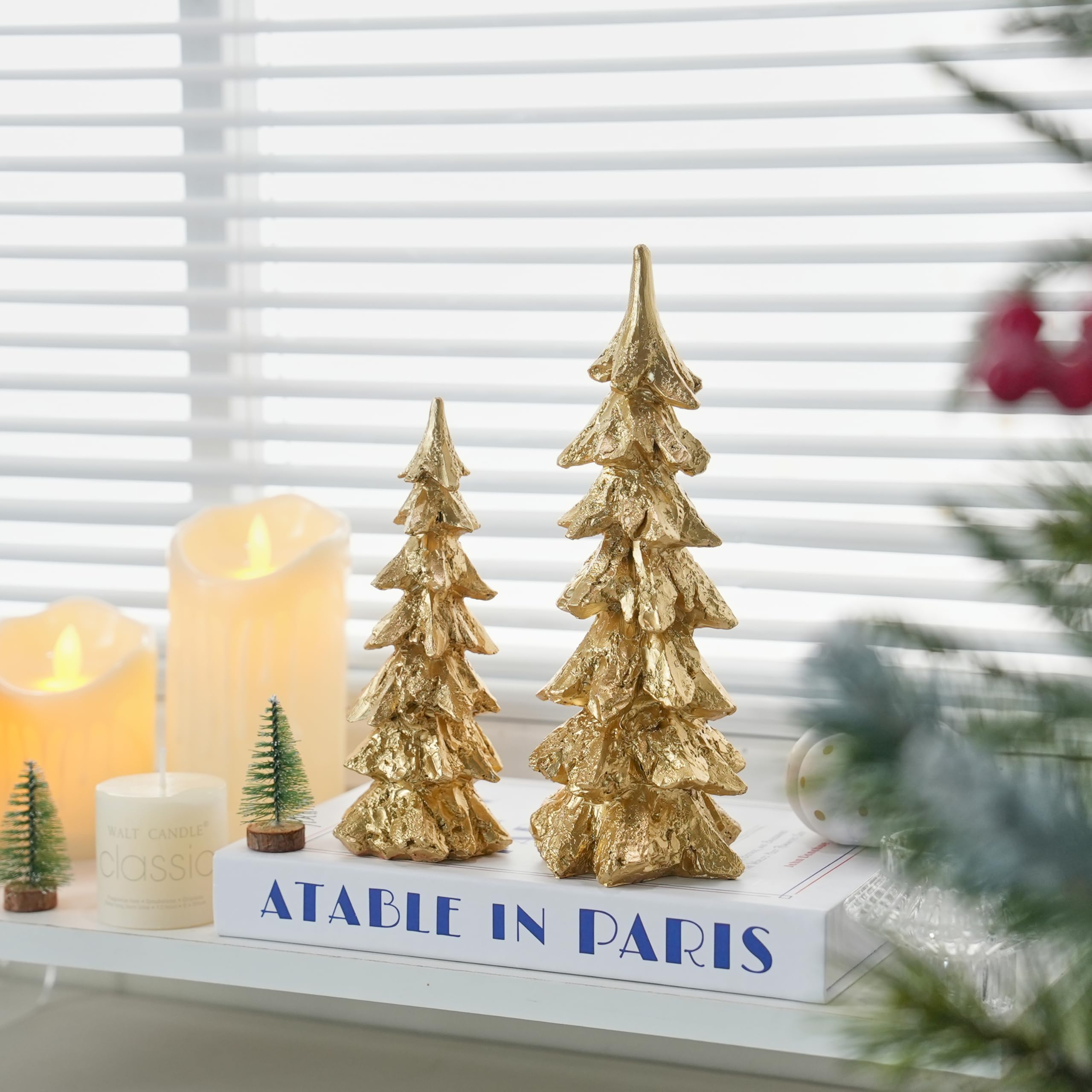 FESTGLOX trees styled on mantel with lights adding layered seasonal ambiance