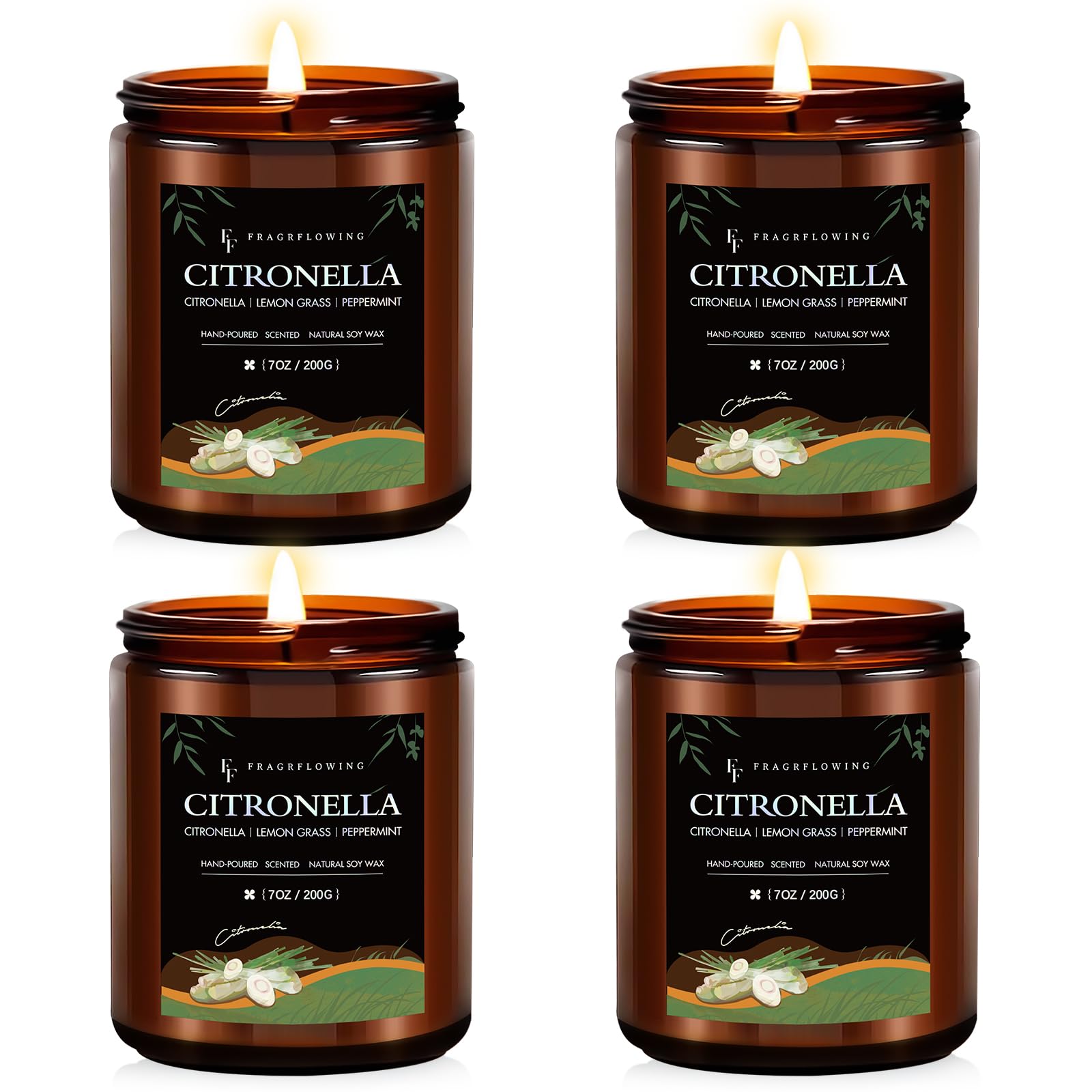 FF FRAGRFLOWING front packaging showing four citronella candles and set benefit