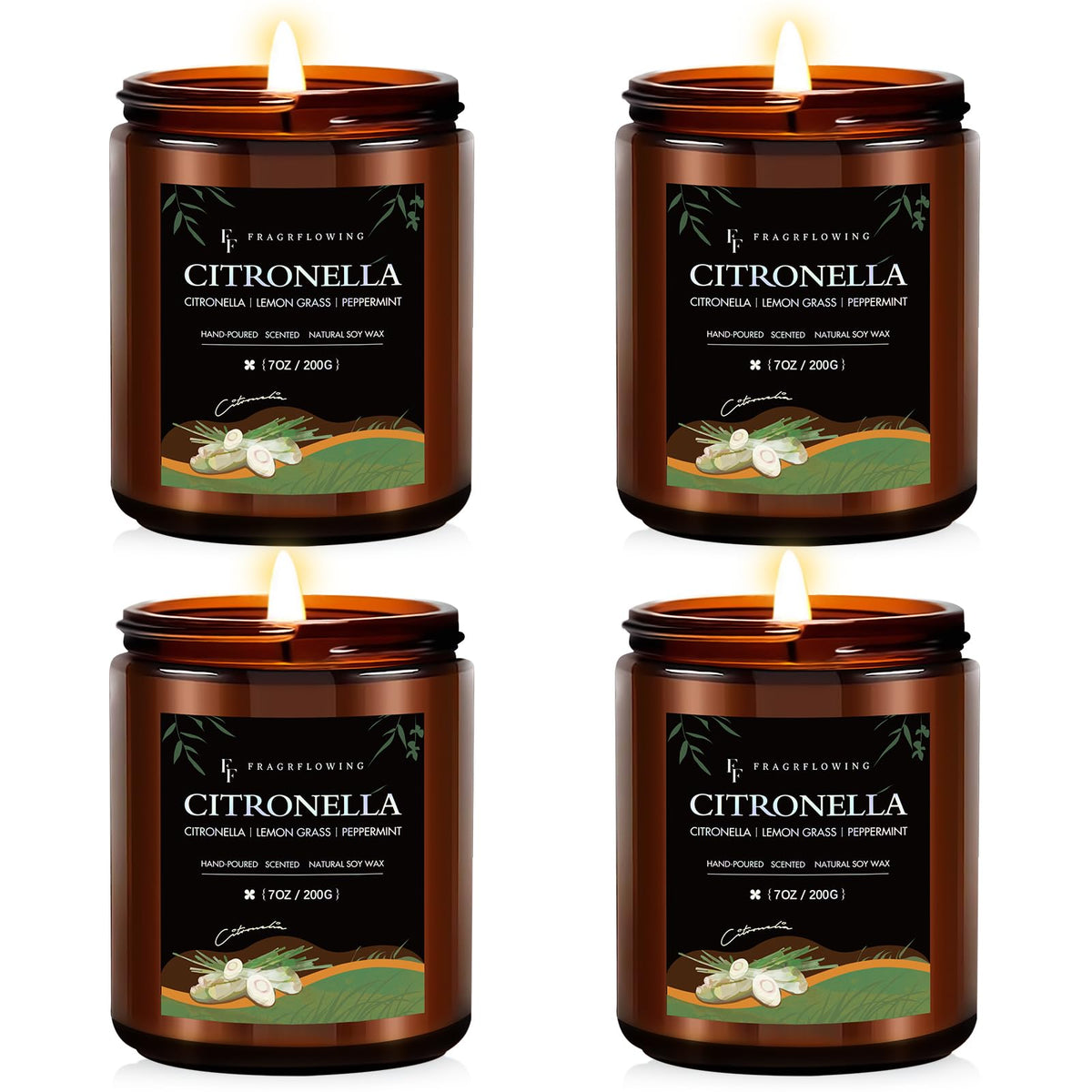 FF FRAGRFLOWING front packaging showing four citronella candles and set benefit