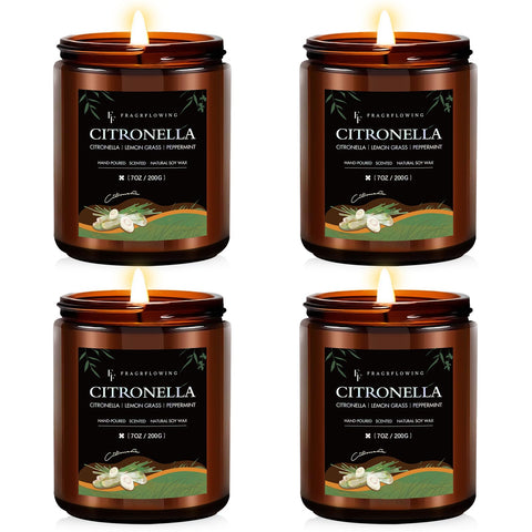 FF FRAGRFLOWING front packaging showing four citronella candles and set benefit