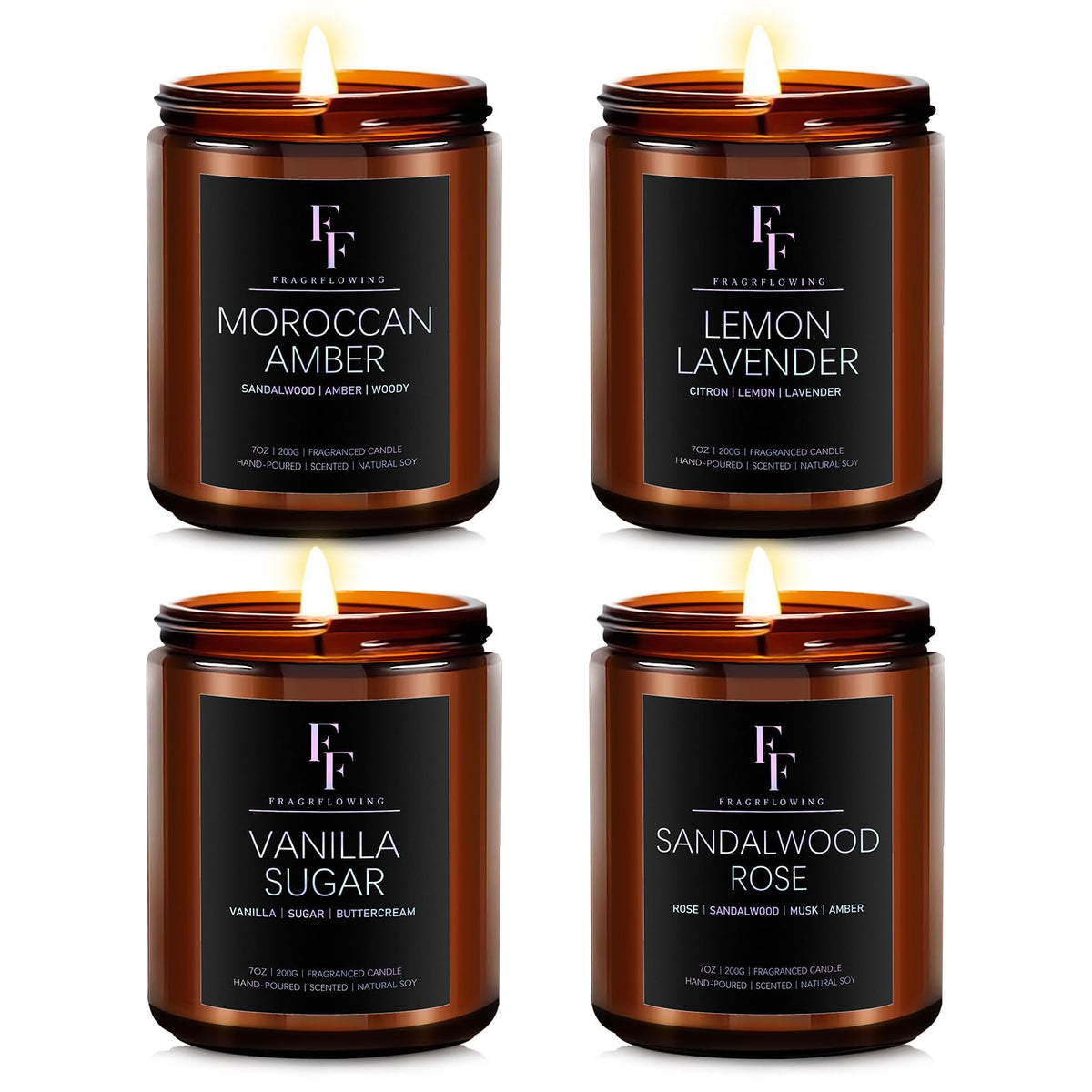 FF FRAGRFLOWING front packaging showing four scented jars and elegant amber jars