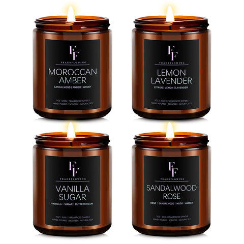 FF FRAGRFLOWING front packaging showing four scented jars and elegant amber jars