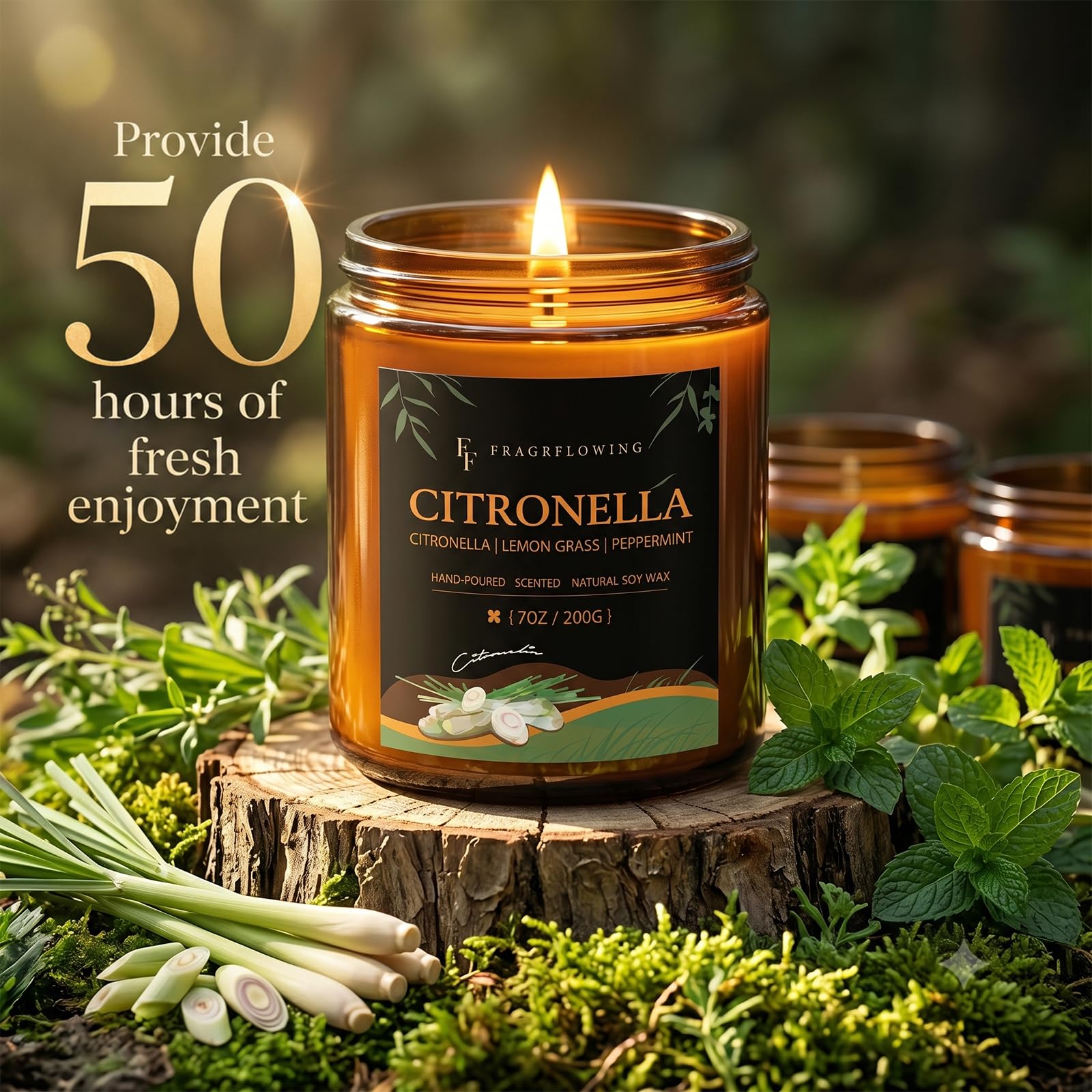 FF FRAGRFLOWING lit candle on patio illustrating ambient outdoor fragrance benefit