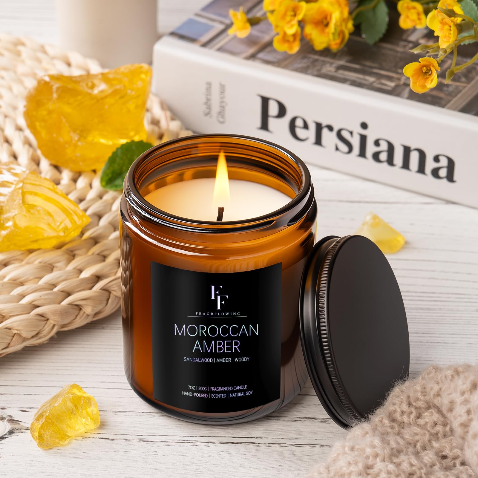 FF FRAGRFLOWING wick and flame detail showing cotton wick and clean flame for longer burn