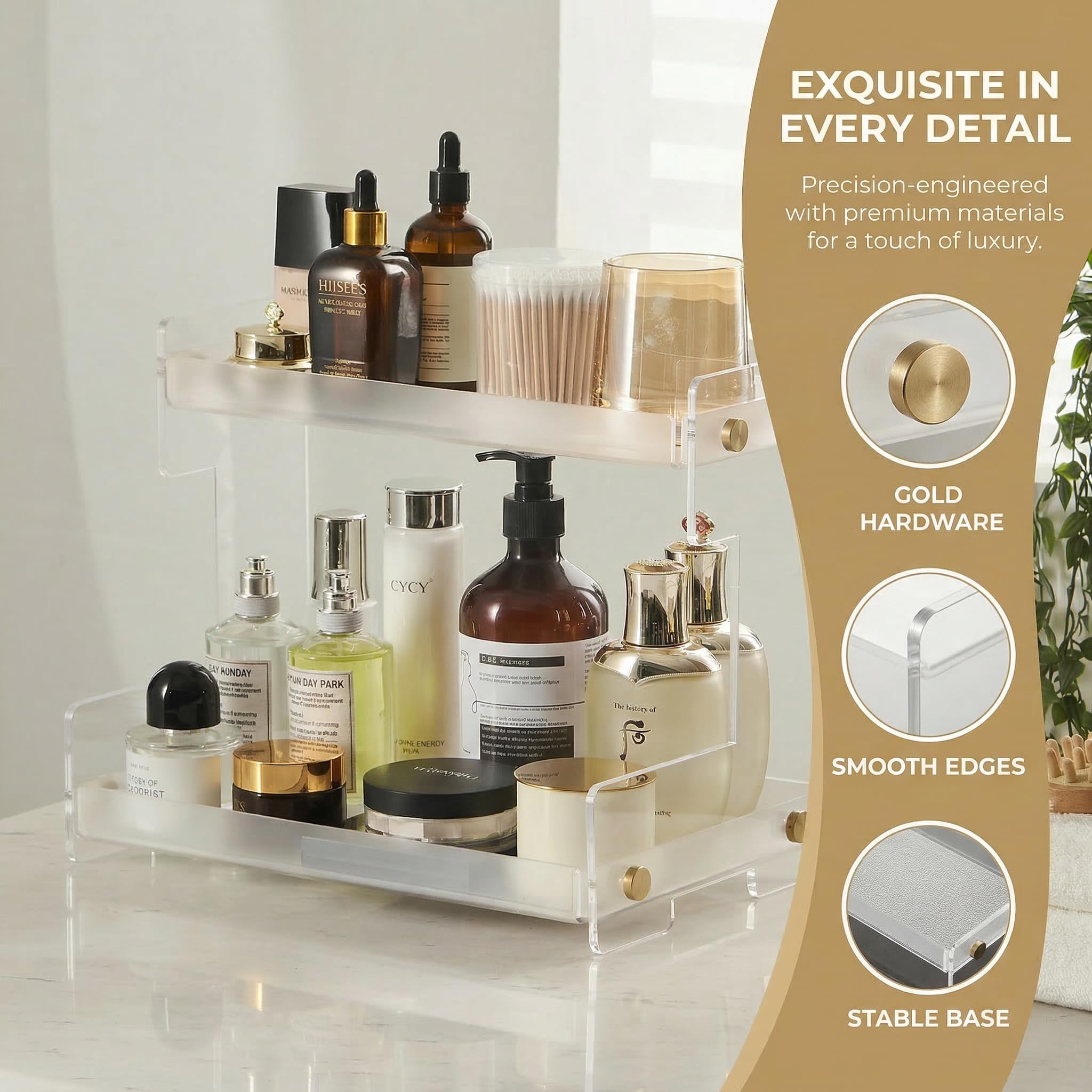 FFK on bathroom vanity with skincare bottles for tidy morning routines