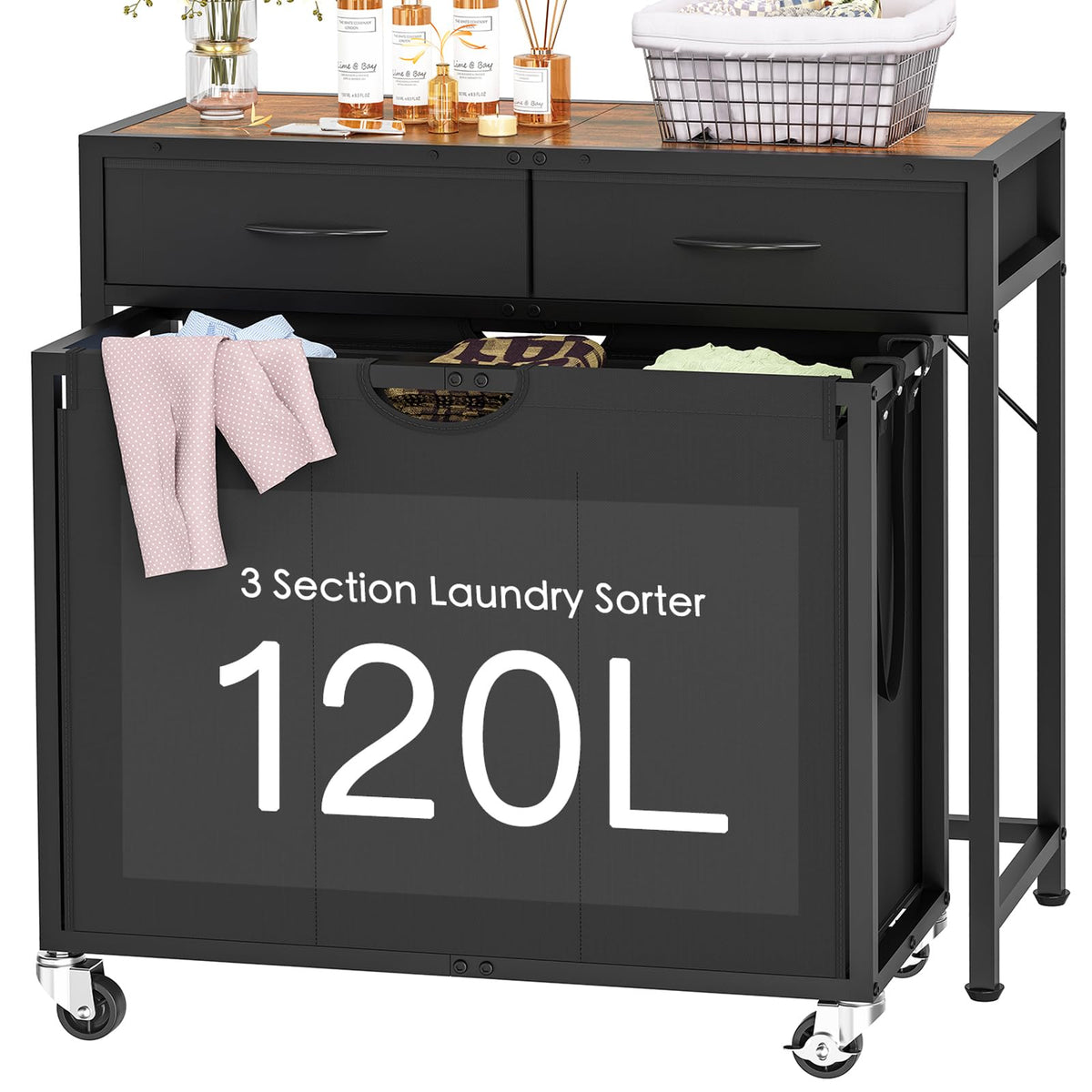 FGNTWP front view of rolling laundry sorter showing organization benefit