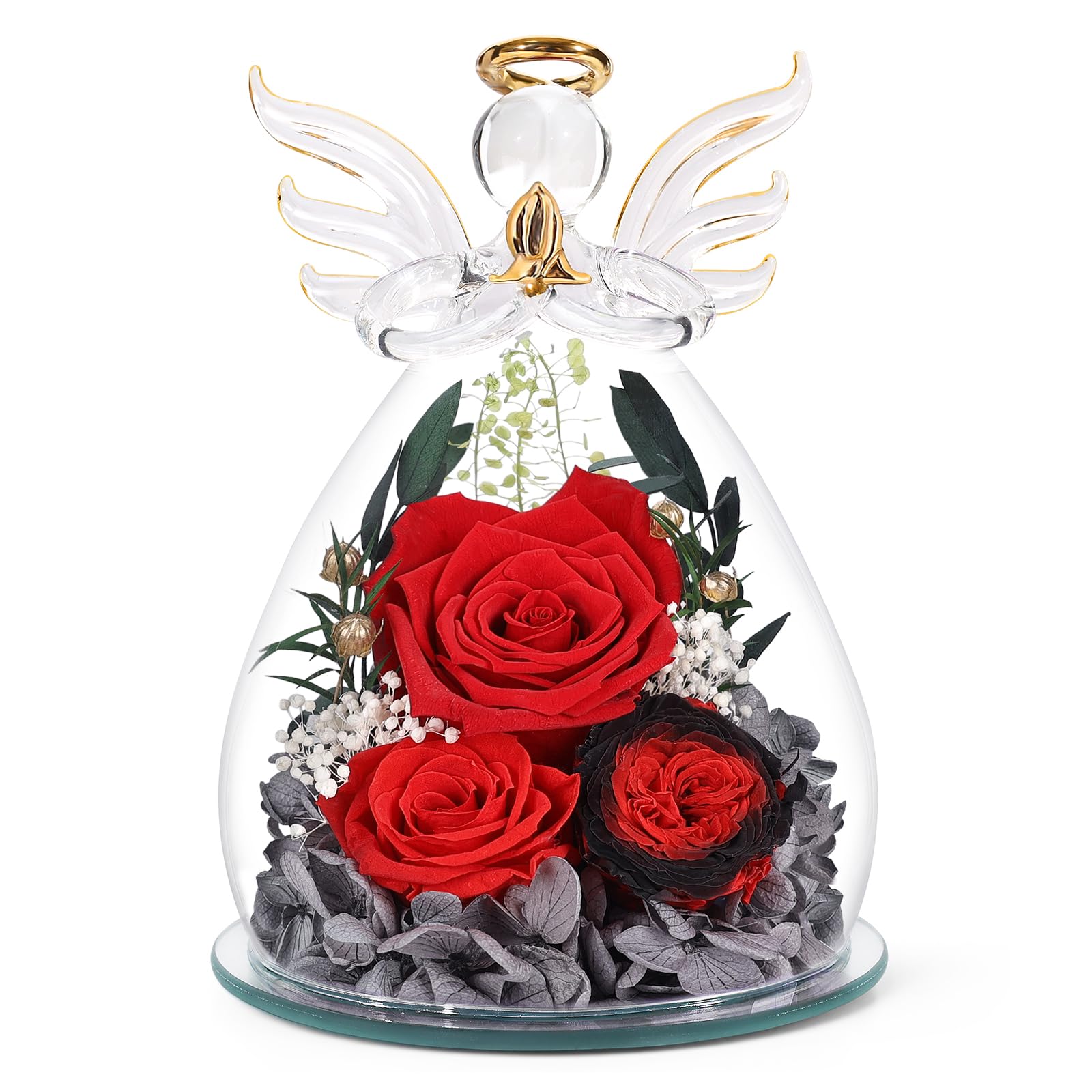 FIACO front view of glass angel with preserved rose showcasing elegant presentation and lasting beauty