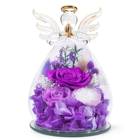 FIACO front view glass angel showcasing elegant preserved rose and clear dome for lasting display