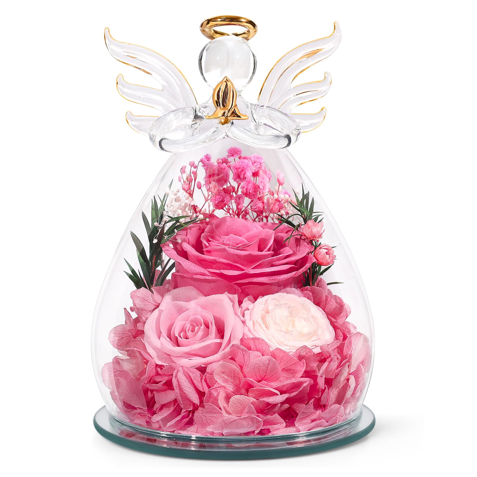 FIACO glass angel front view showing preserved rose and elegant silhouette, perfect gift