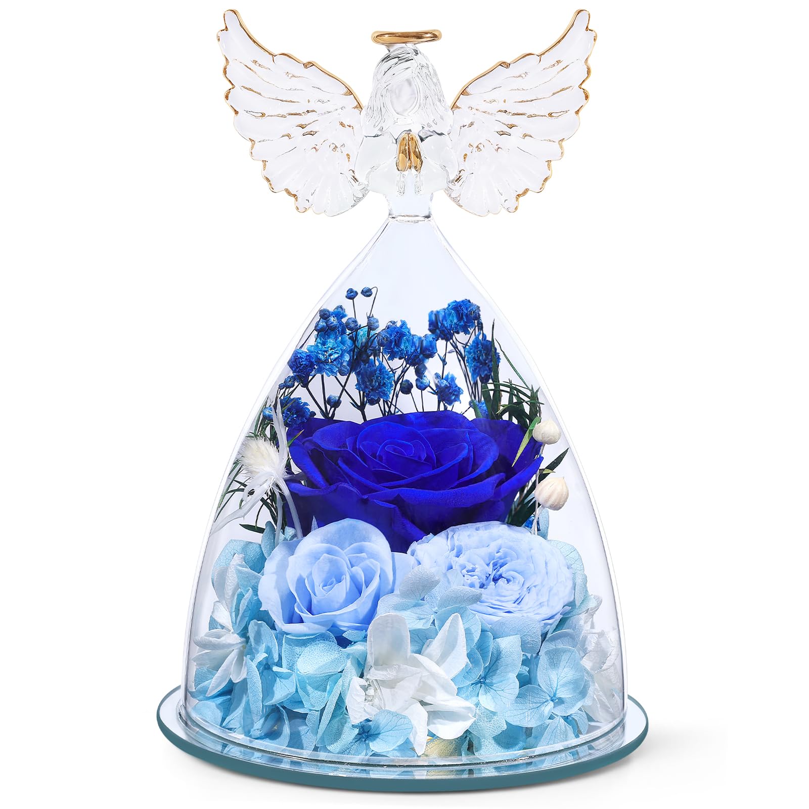 FIACO glass dome front view showing angel and preserved roses, elegant long-lasting gift