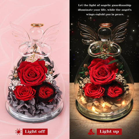 FIACO warm LED lighting inside glass angel creating cozy ambience for nightstand and decor