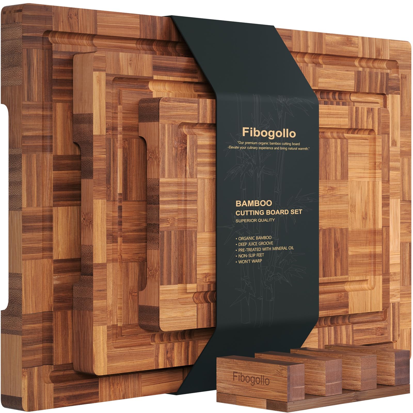 Fibogollo front view of three bamboo boards in stand, saves counter space