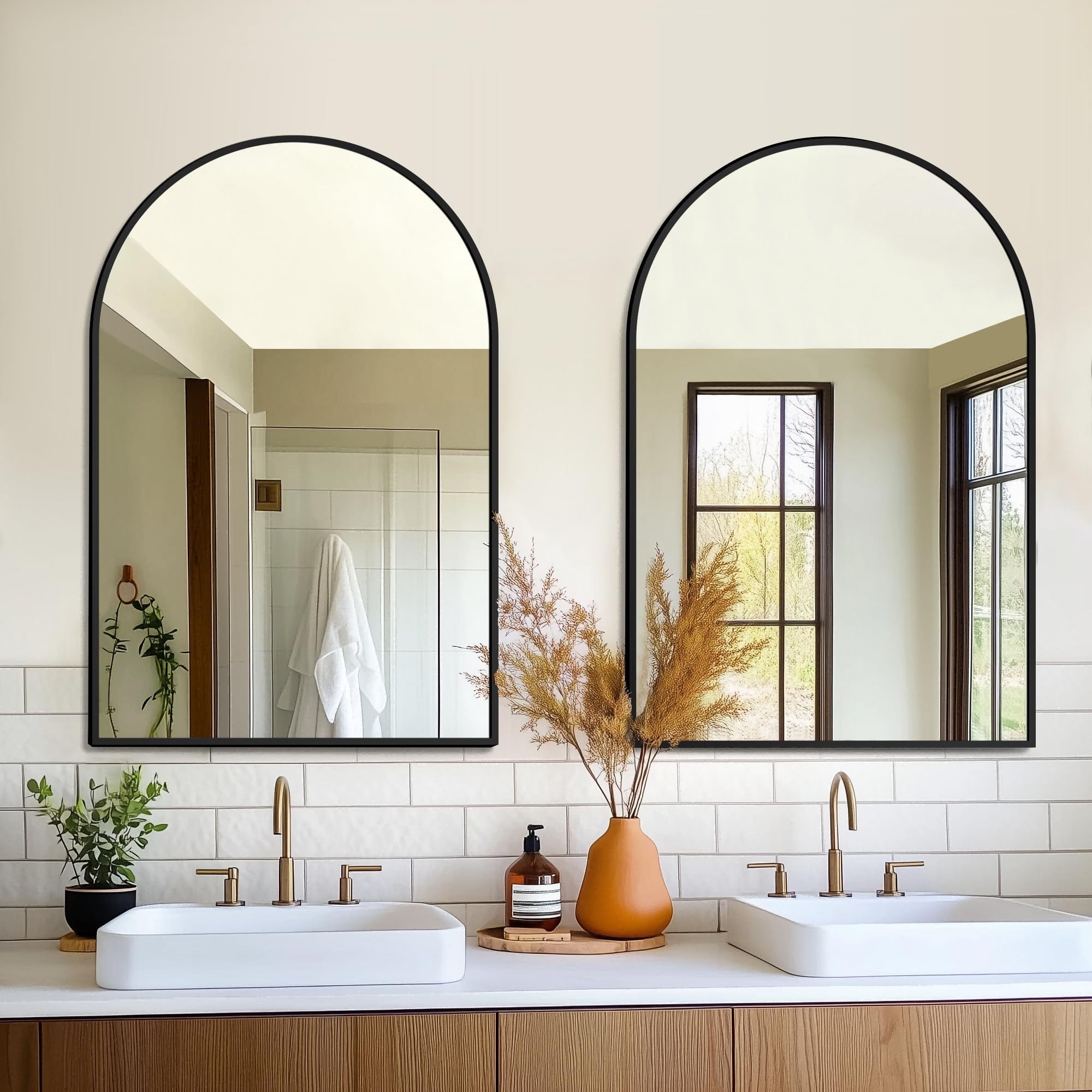 FICTOR arched mirror front view with sleek black frame for modern bathrooms