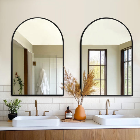 FICTOR arched mirror front view with sleek black frame for modern bathrooms